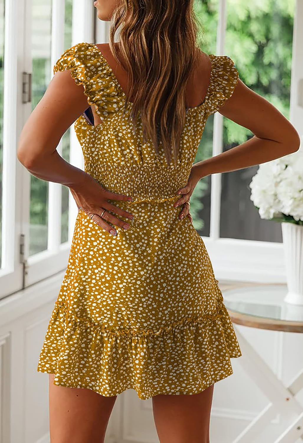 YOBECHO Womens Summer Sexy Sweetheart Collar Printed Ruffle Mini Dress - Image 3