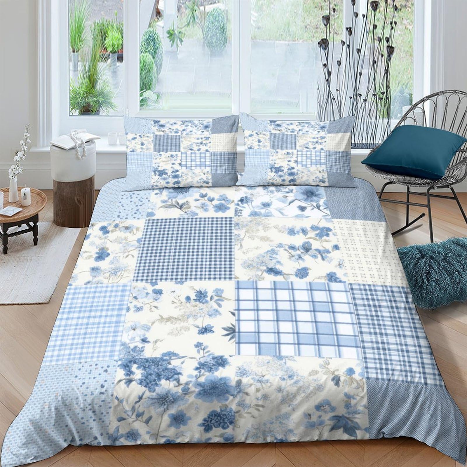 Ctjqhvkz Style-2 3D Printed Blue Patchwork Fitted Sheet Microfiber Soft Breathable Floral Plaid Mattress Cover Bedroom Decor Single（135X200cm）