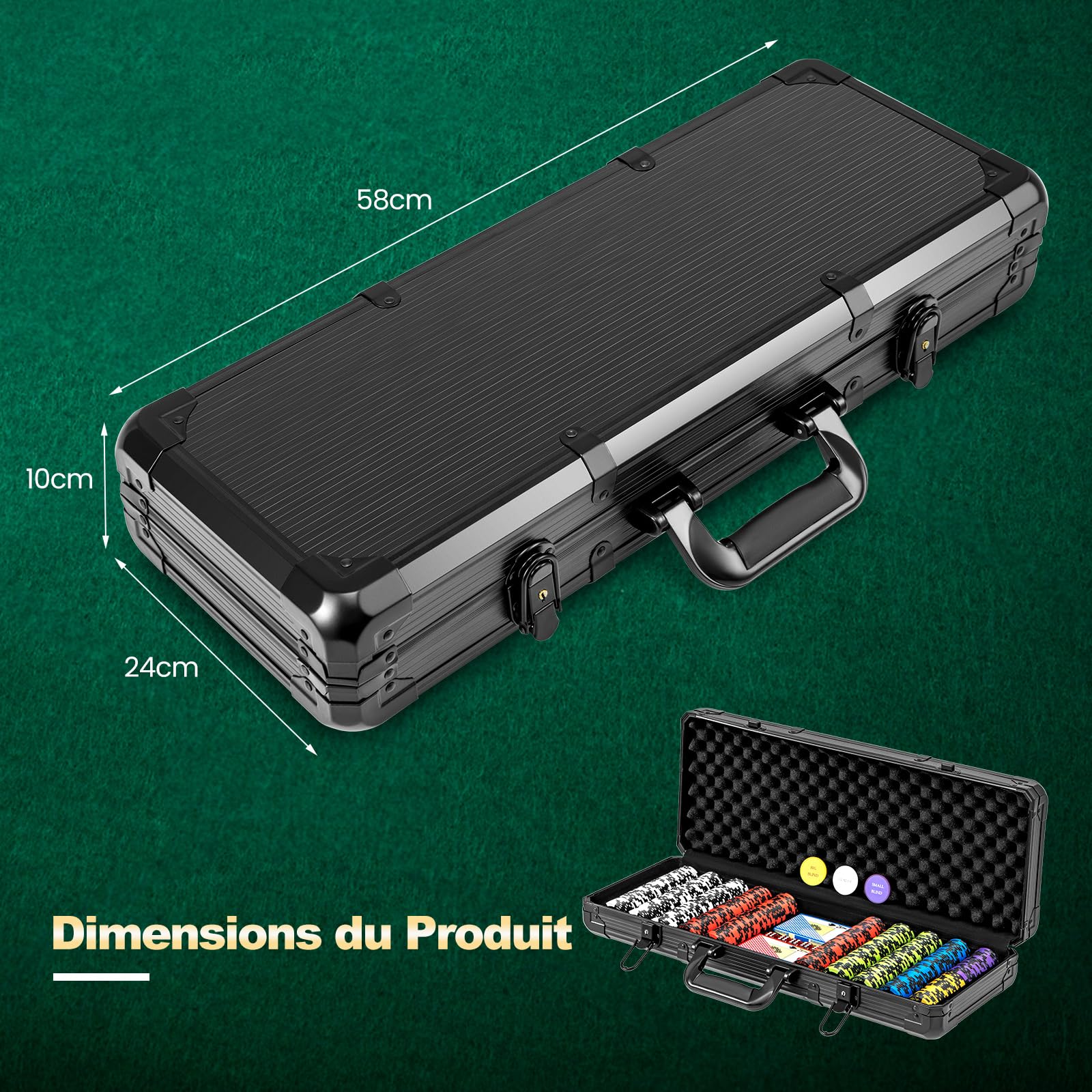 COSTWAY Mallette de Poker en Aluminium avec 500 Jetons & 2 Jeux de Cartes, Coffret de Poker avec 5 Dés et 3 Dealer, pour Casino Fête Voyages
