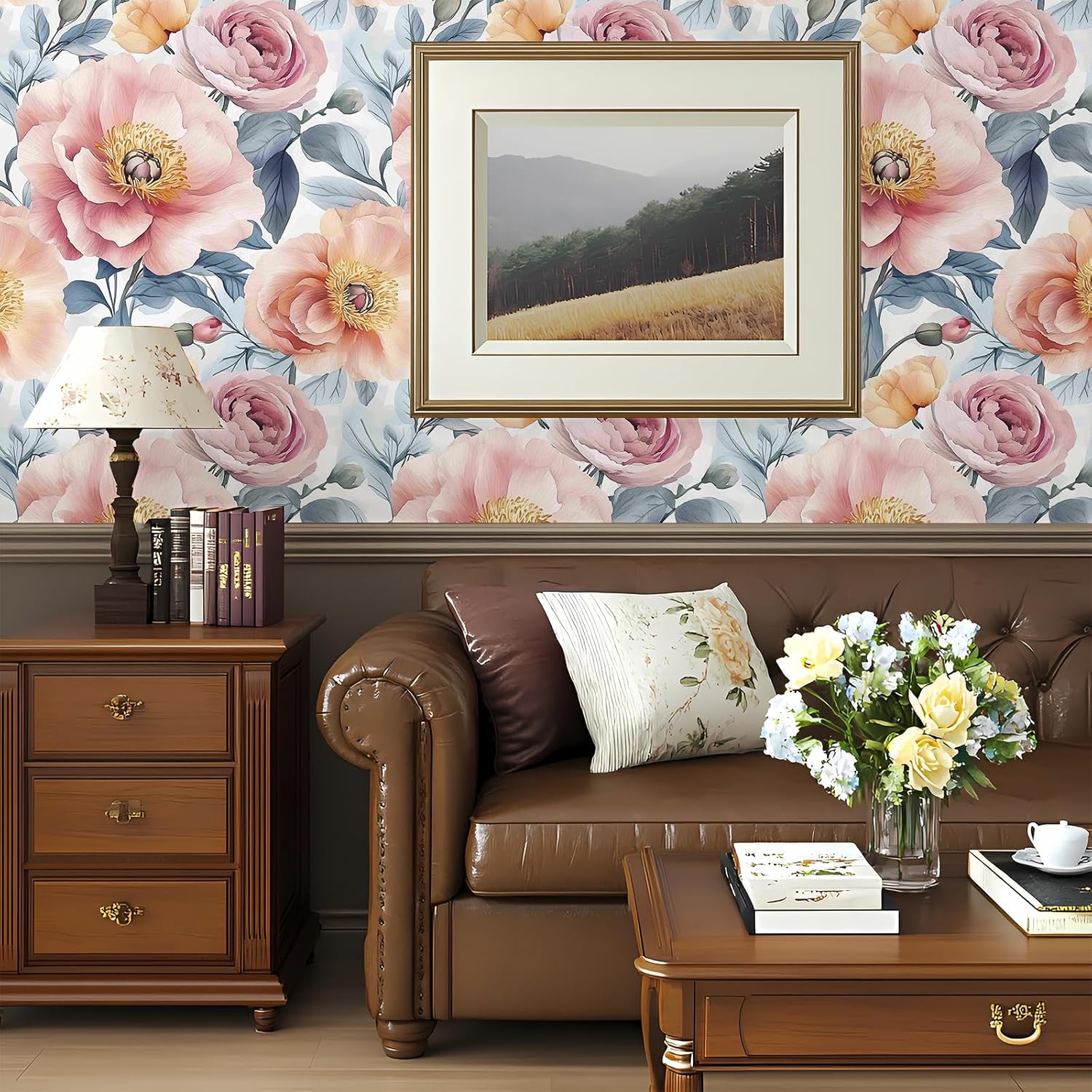 Watercolor Peony Floral Wallpaper Peel and Stick Removable 17.7" x 236.22" Delicate Pink Peach Flower Blue Leaf Wall Paper Self Adhesive for Classroom Bedroom Laundry Room Bathroom