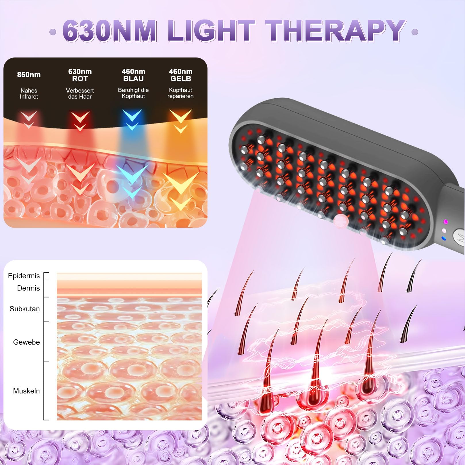 Peine de luz roja para el cabello, terapia cuádruple 630nm 850nm 460nm, anticaída hombres y mujeres