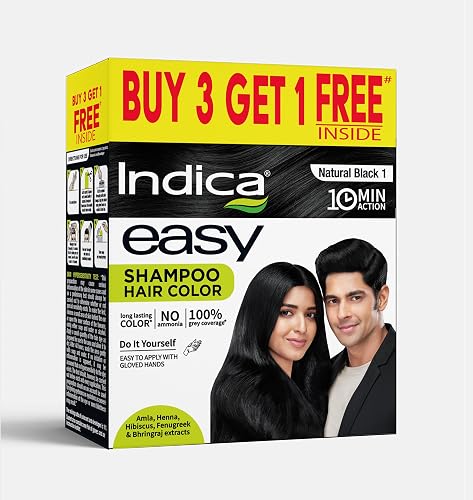 Indica Easy Natural Black Shampoo Hair Color | Buy 3 Get 1 Free | Ammonia-Free | Natural Herbal Extracts | 10 Min Application | 100ml | Long-Lasting Color for Men & Women