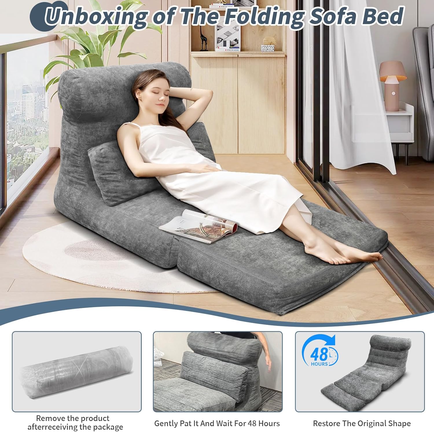 Folding Sofa Bed, Floor Couch for Adults Chair Bed, Convertible Sleeper Chair with Back Support Washable Cover, Deep Seat Sleeper Couch for Living Room