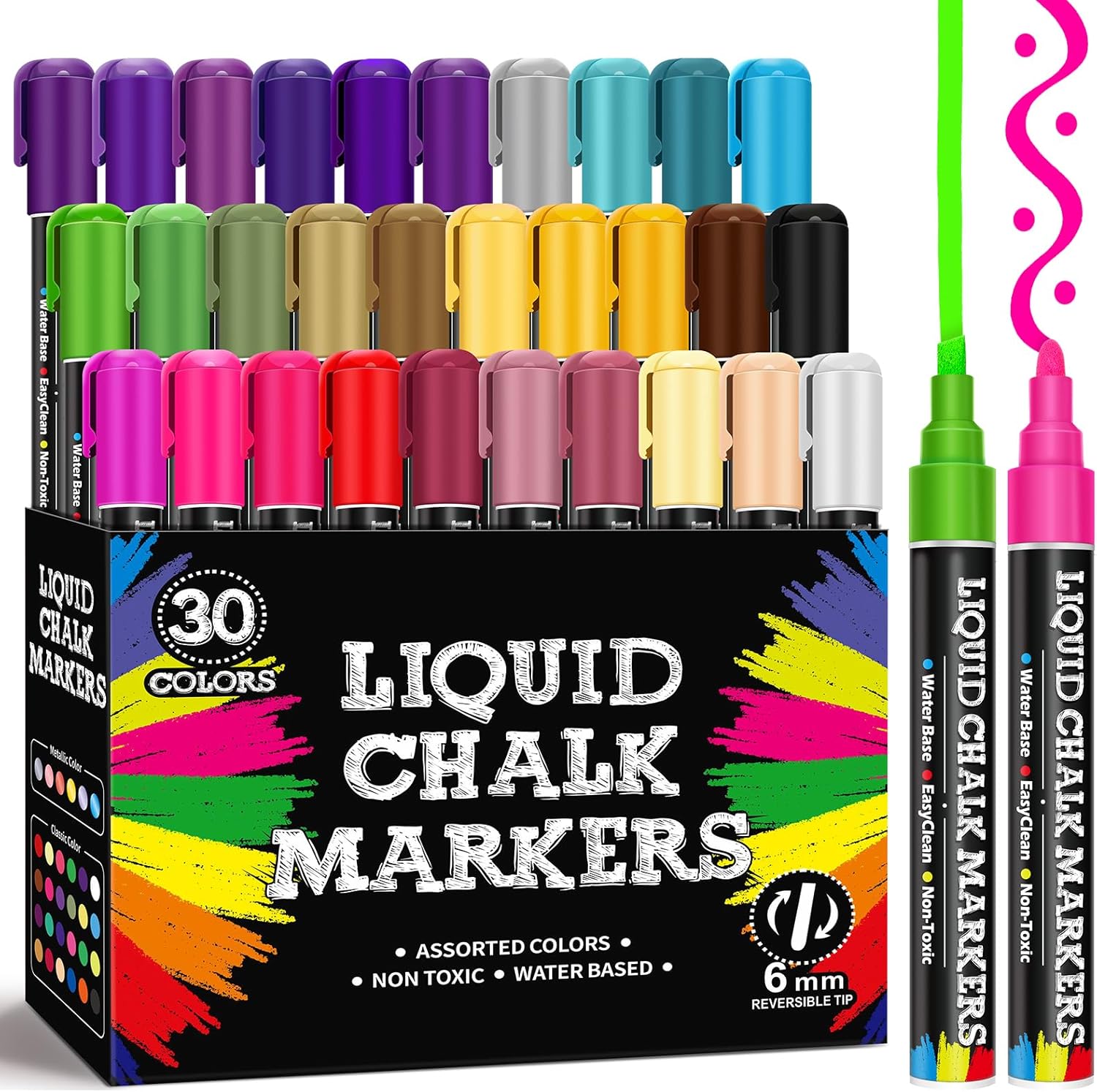 30 Pack Liquid Chalk Markers for Blackboard, Dry Erase Markers Pens for Chalkboard Calendar Window Car Glass, 6mm Reversible Tip, Dust-Free Chalk Pens for School Bistro Businesses Restaurants