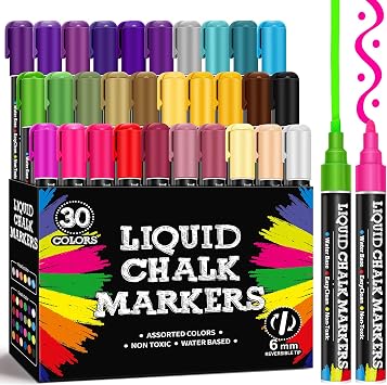 30 Pack Liquid Chalk Markers for Blackboard, Dry Erase Markers Pens for Chalkboard Calendar Window Car Glass, 6mm Reversible Tip, Dust-Free Chalk Pens for School Bistro Businesses Restaurants