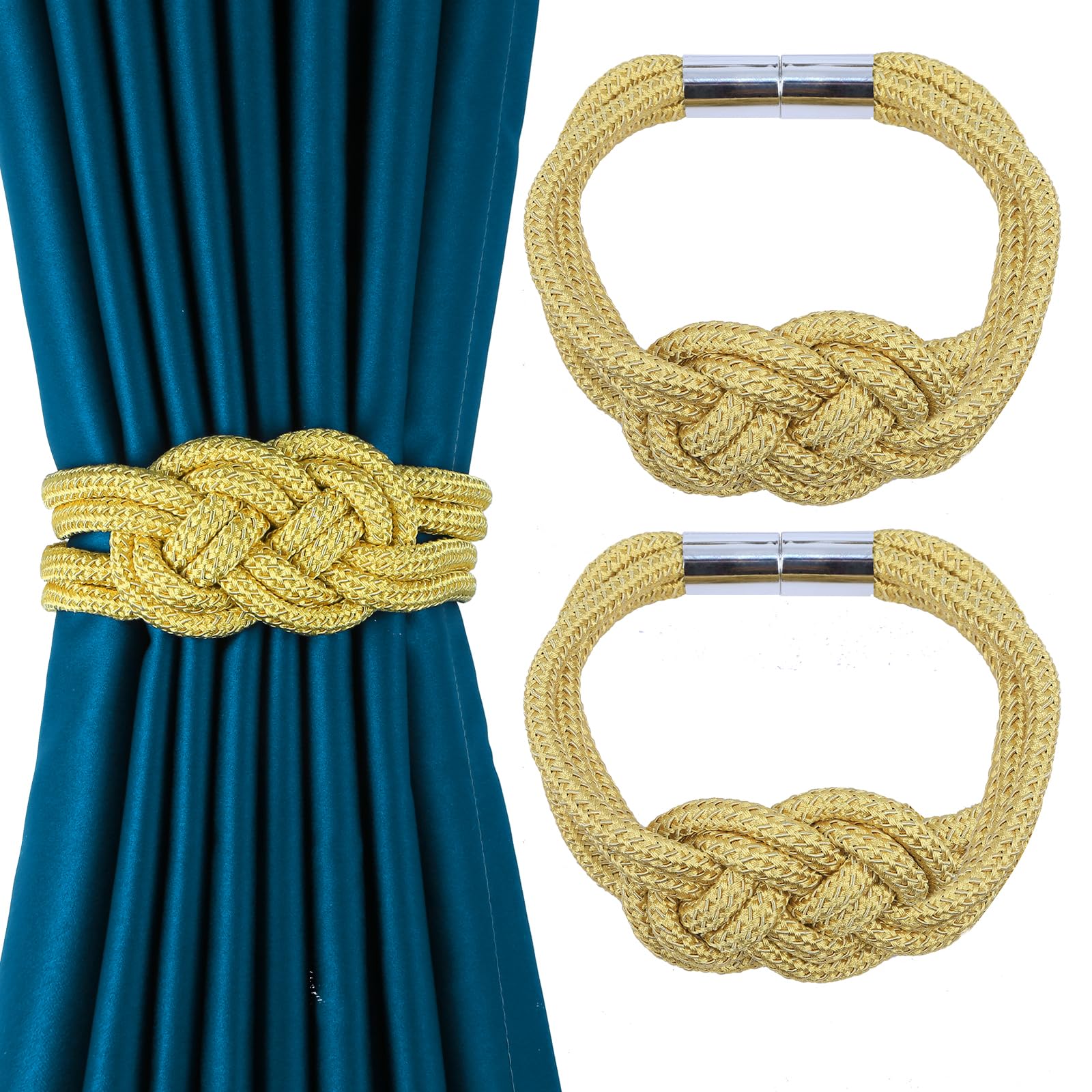 HedongHexi 2 Pack Magnetic Curtain Tiebacks, Hand Weave Rope Knot Decorative Curtain Holdbacks for Home & Office Thin Window Drapery (Gold,2P)
