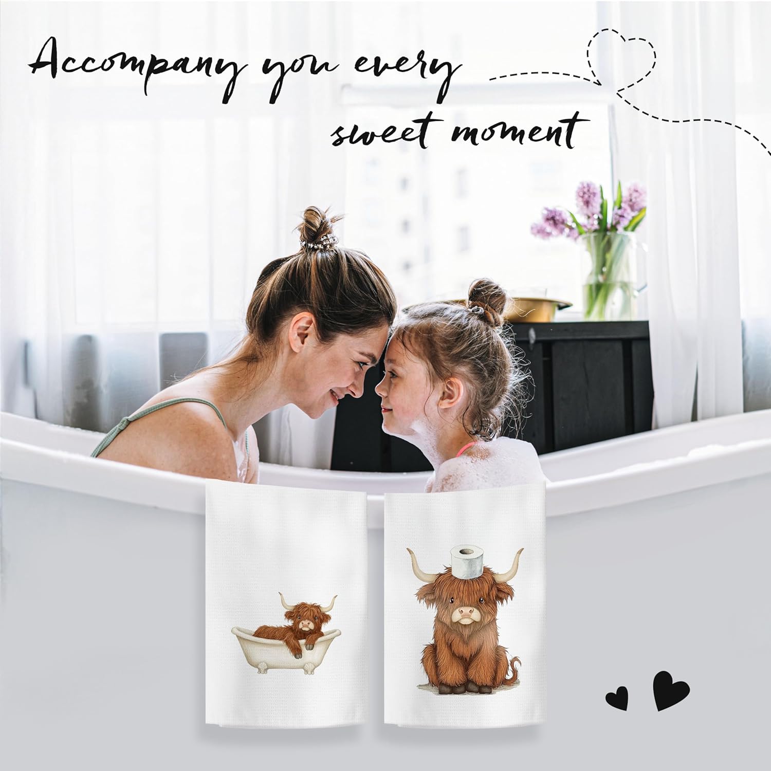 Funny Highland Cow Bathroom Hand Towels, Highland Cow Bathroom Decor, Cute Scottish Cattle Farm Animal Hand Towels for Kids Bath Room Washroom Decor, 16x24 Inch Set of 2 - Image 3