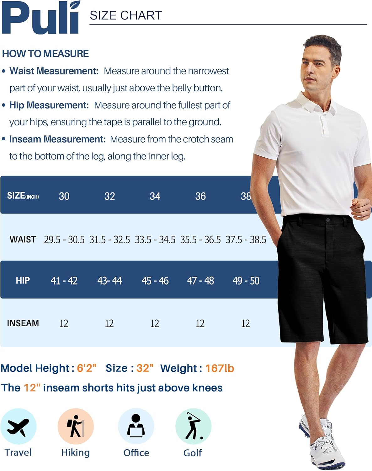 PULI Mens Golf Hiking Shorts Lightweight Casual Dress 12"/10" Inseam Work Stretch Travel Hybrid Quick Drying with Pockets - Image 6