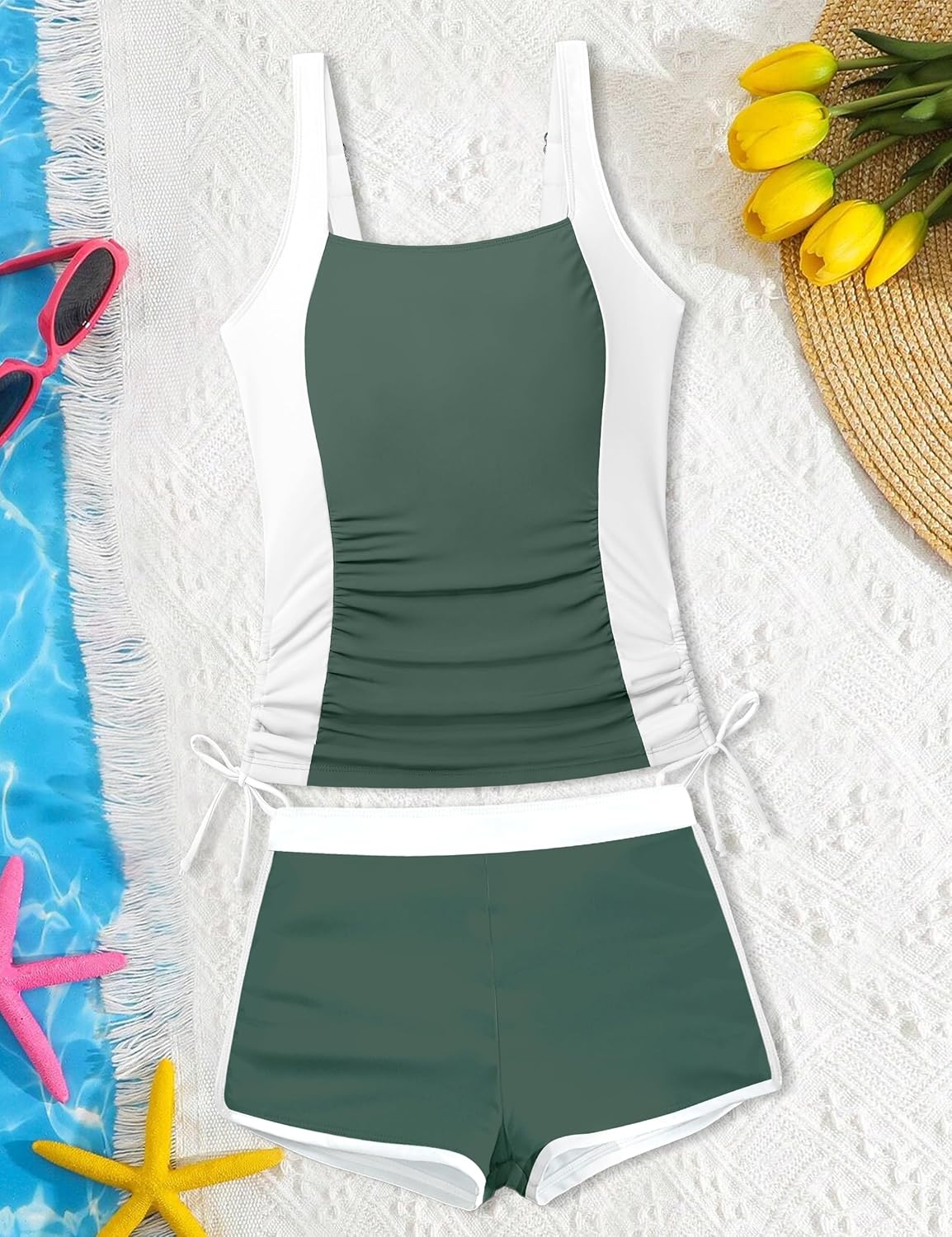 NAPU Girls Swimsuit Two Piece Tankini Swimsuits with Boyshort Ruched Bathing Suit Color Block Teen Girls' Swimwear Size 9-16Y - Image 6