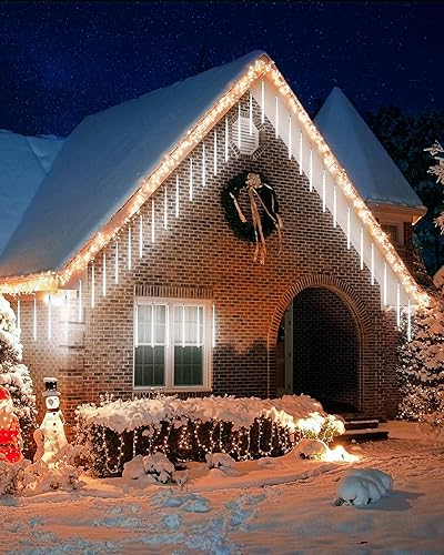 Miniatura 5 de iBaycon Luces de lluvia de meteoritos, carámbanos en cascada o gotas de lluvia, impermeables, de exteriores, conectables, temporizador, decoración