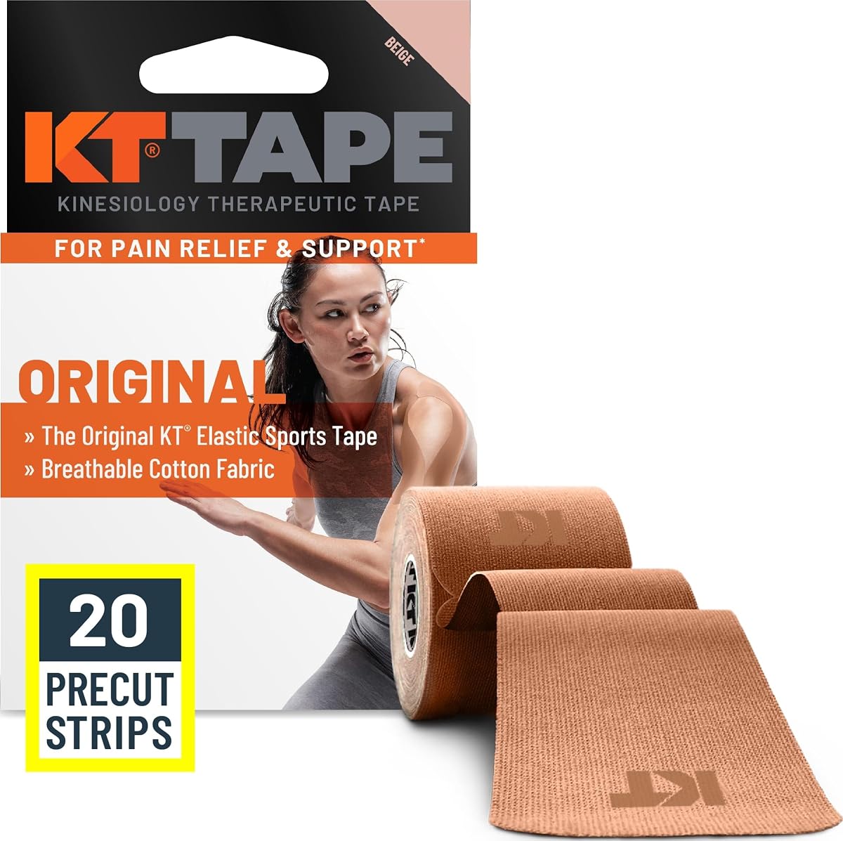 KT Tape, Original Cotton, Elastic Kinesiology Tape, Everyday Muscle and Joint Support, Daily Pain Relief, 20 Count, 10” Precut Strips, Beige