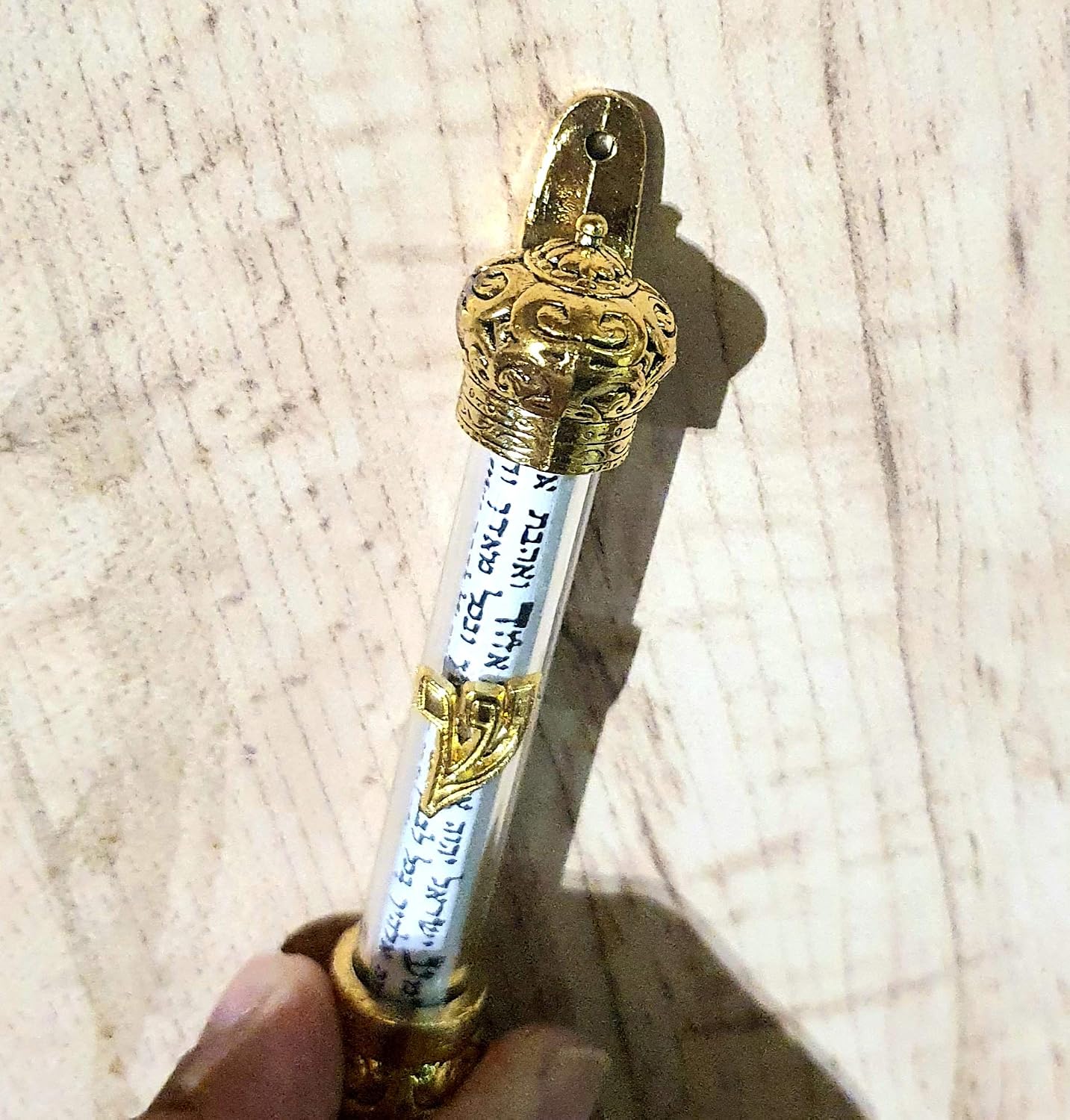 Zuluf 5 Inch Gold Plated Mezuzah Case with Glass Window and Scroll for Door, Judaica Crown Mezuza for Jewish Home, Hebrew Letter Shin, Printed Parchment Scripture