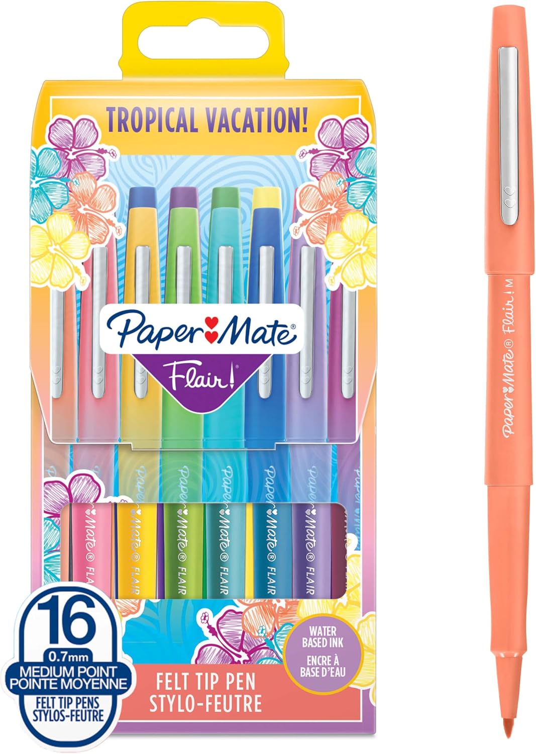 Paper Mate Flair Felt Tip Pens | Medium Point (0.7 mm) Marker Pens | Assorted Tropical Vacation Colouring Pens | For Kids & Adult Colouring, Journalling & More | 16 Count
