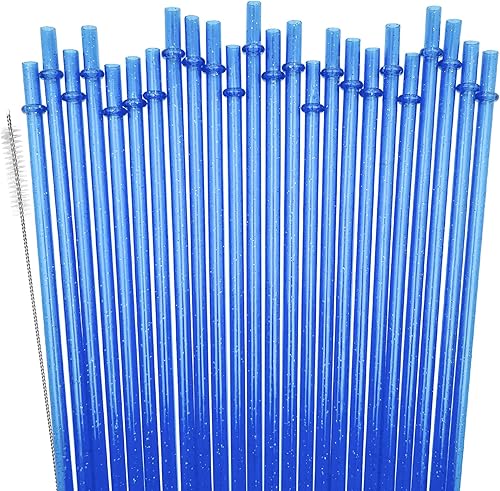 Paquete de 24 popotes de plástico reutilizables con purpurina, popotes duros de 11 pulgadas de largo con cepillo de limpieza, aptos para