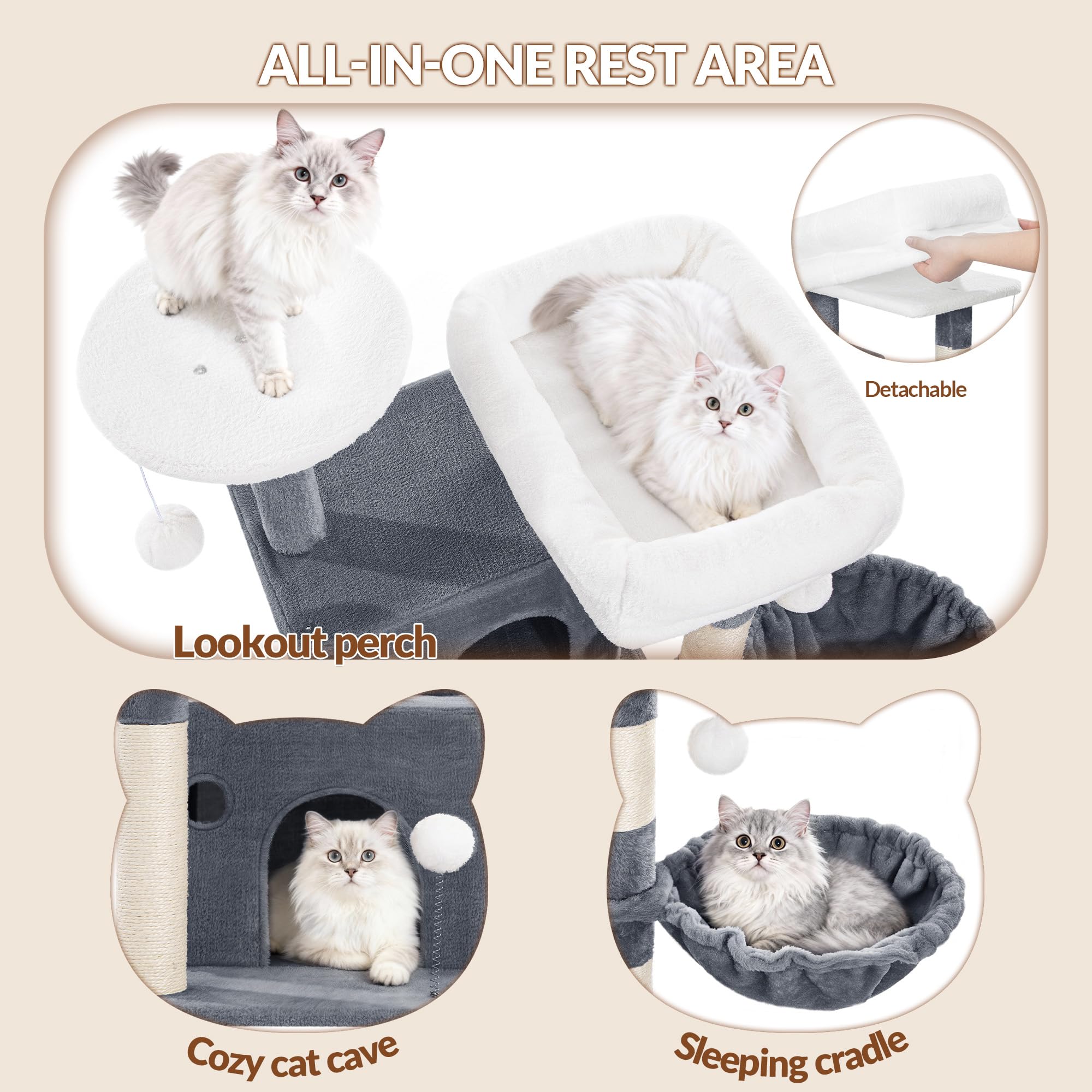 Kratzbaum für Indoor-Katzen, mehrstufiger Kletterturm mit Höhlen, Hängematte, Kratzbäume, interaktives Spielzeug, abnehmbares Kissen, 108 cm Höhe, Hellgrau