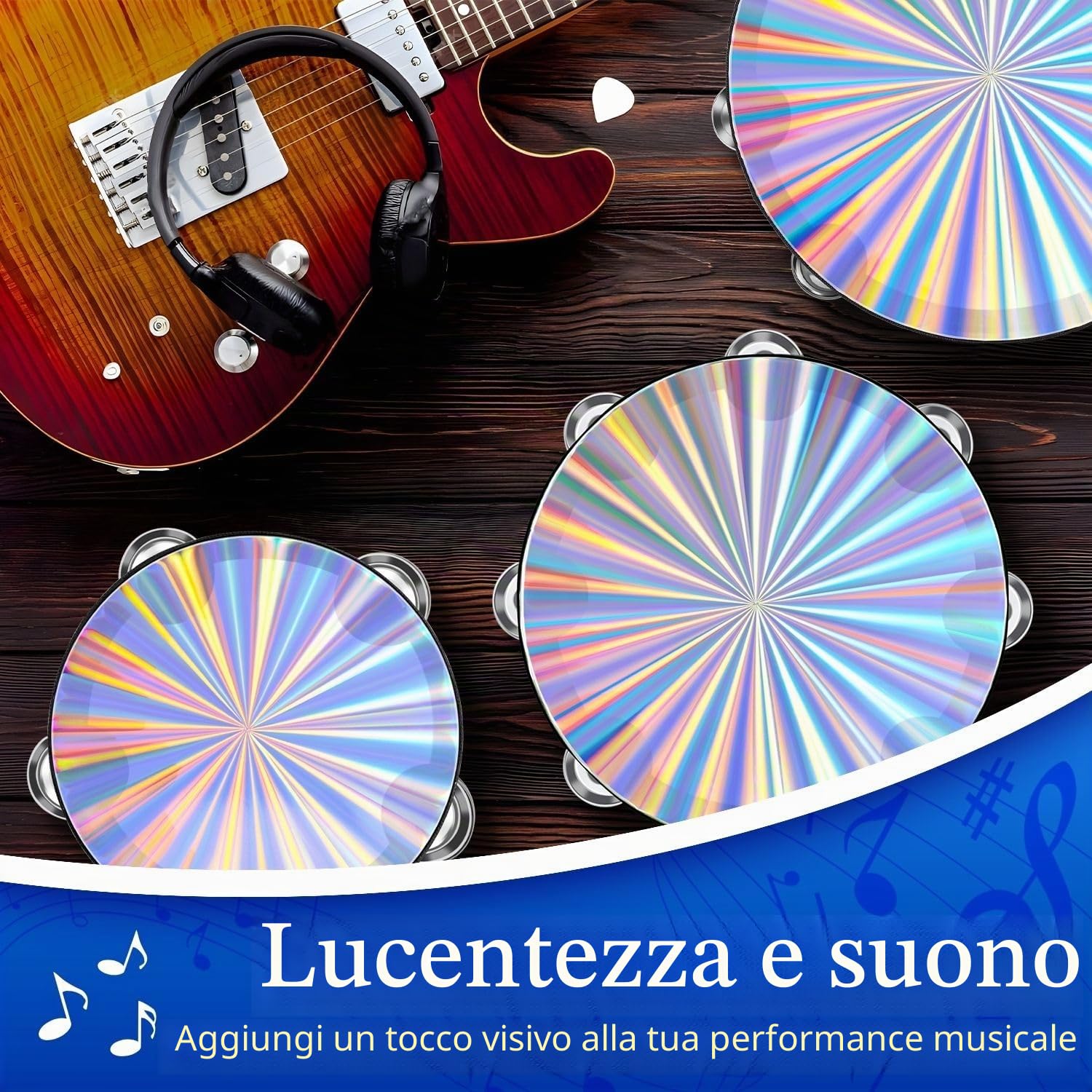 Flexzion Tamburello in legno per chiesa - 15, 20 e 25 cm Tamburini riflettenti a fila singola in metallo per bambini e adulti, confezione da 3 per chiesa, feste ed eventi musicali