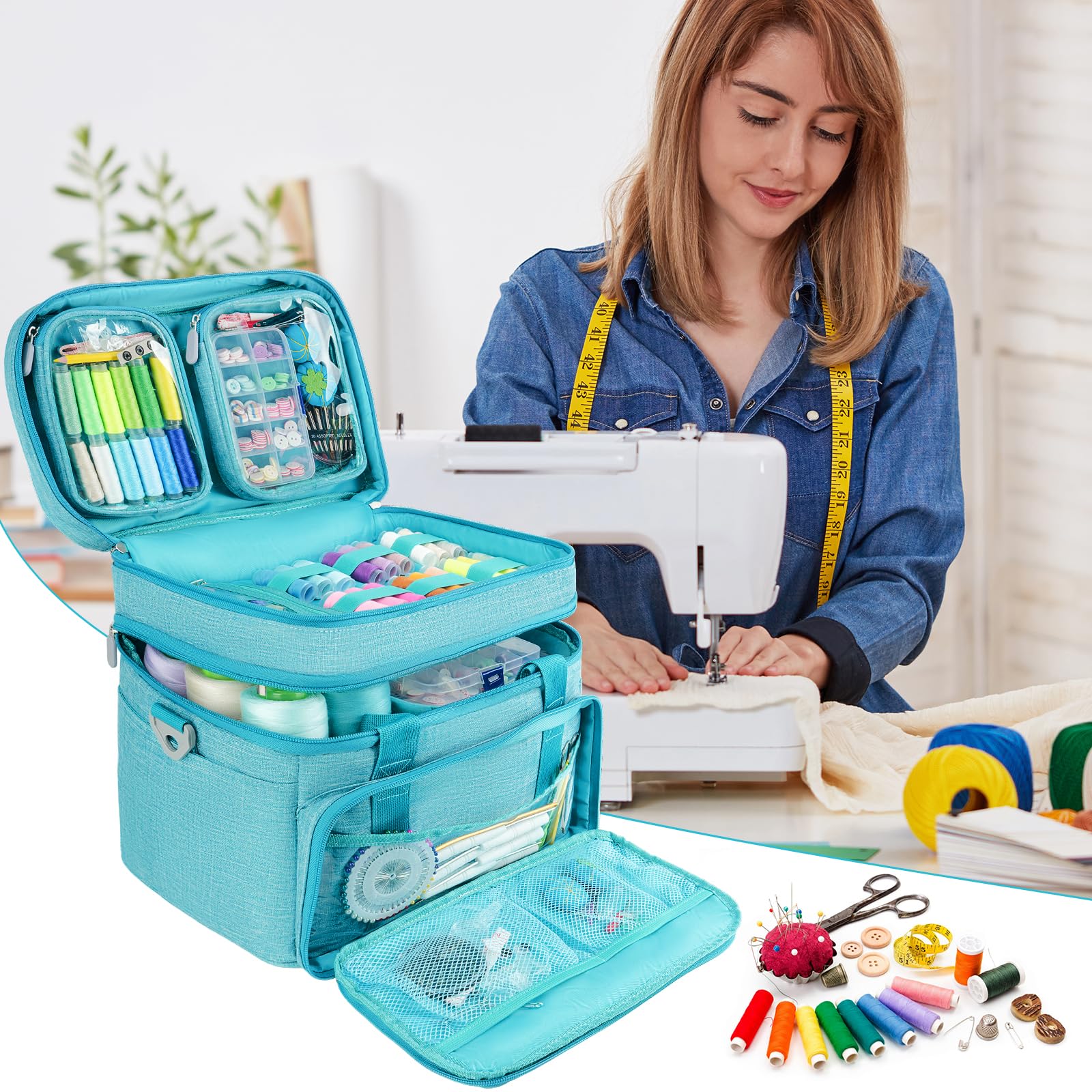 Trousse de Rangement pour Accessoires de Couture avec bandoulière, Sac de Rangement Double Couche avec 2 Pochettes Amovibles pour Accessoires et Fournitures de Couture, Bleu