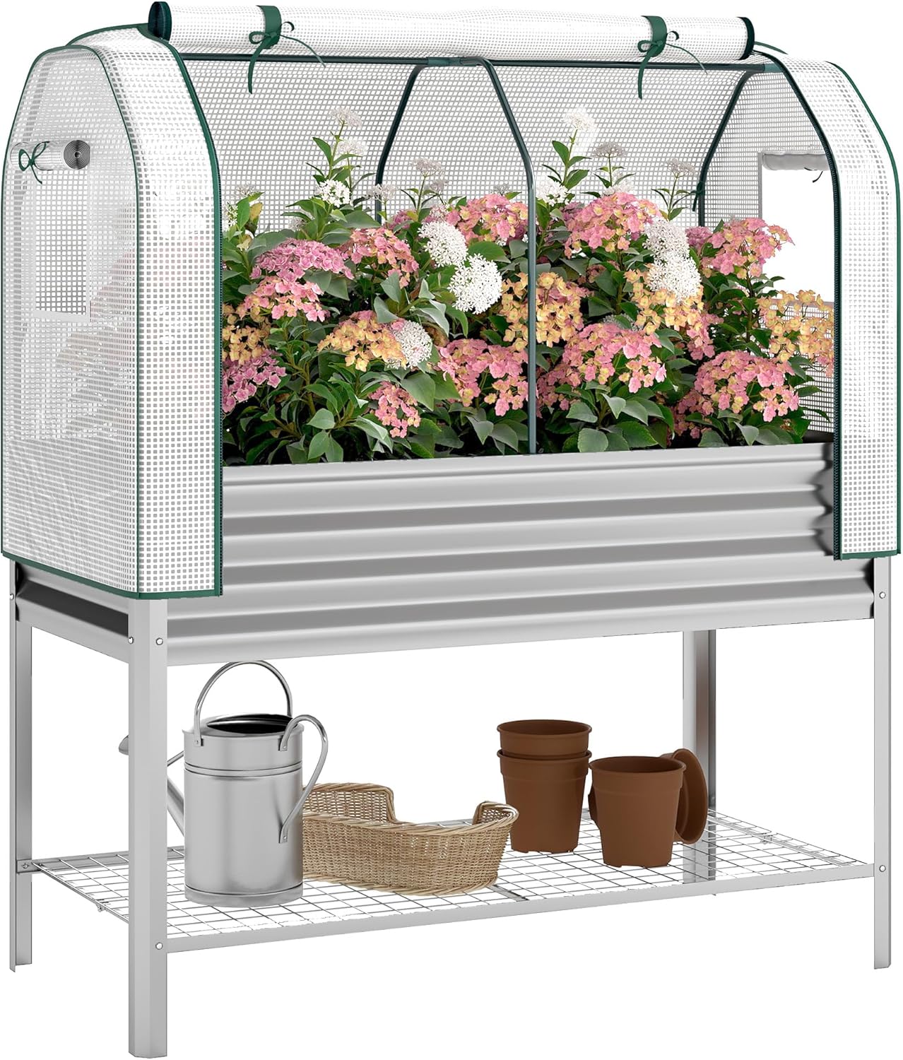 Outsunny Galvanised Raised Garden Bed with Greenhouse Cover, Metal Elevated Garden Bed with Legs, Bed Liner and Bottom Shelf, Outdoor Raised Planter Box for Vegetables, Herbs, Flowers, Silver