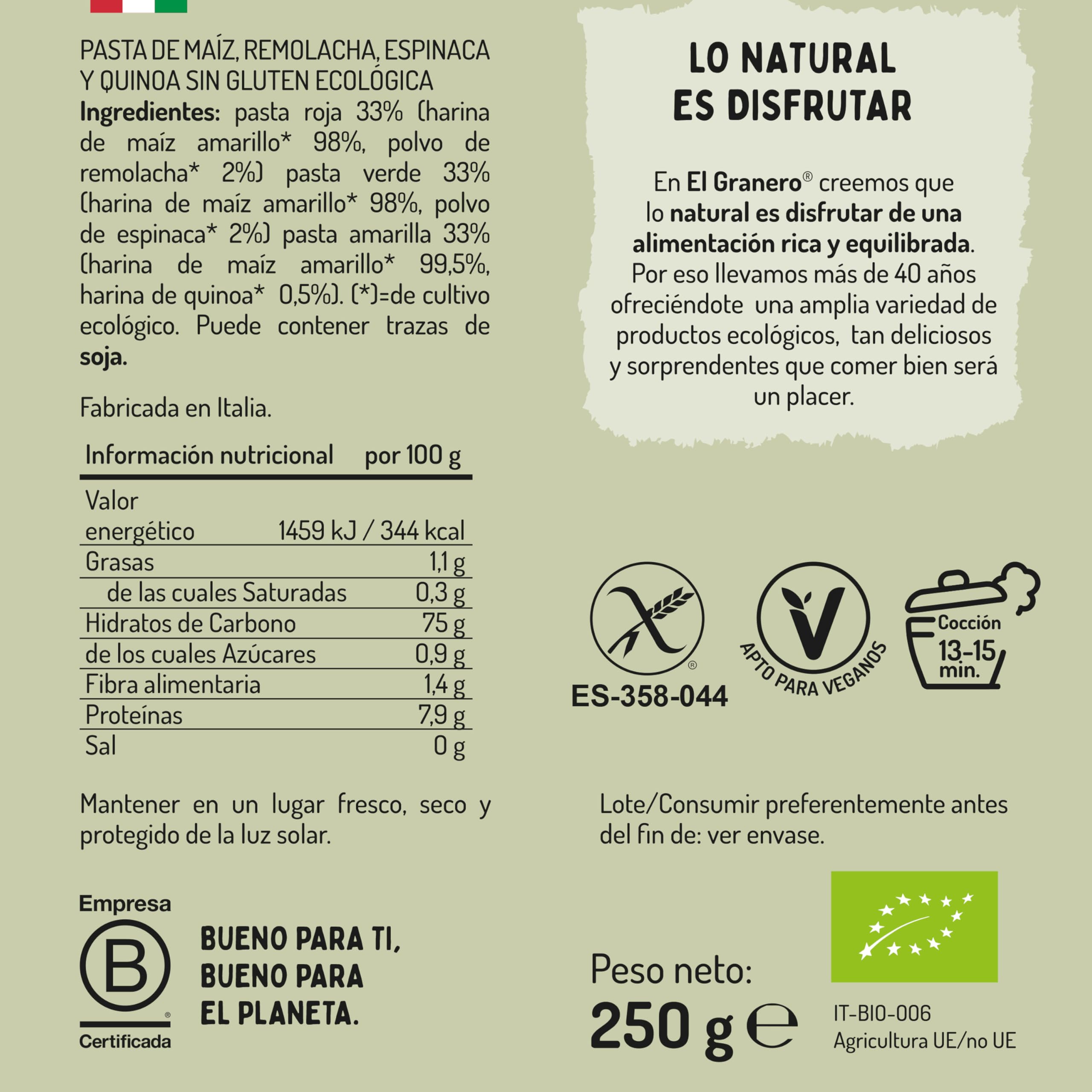 EL GRANERO INTEGRAL Pasta Tricolor Margaritas Sin Gluten Bio 250 g Apto para Veganos