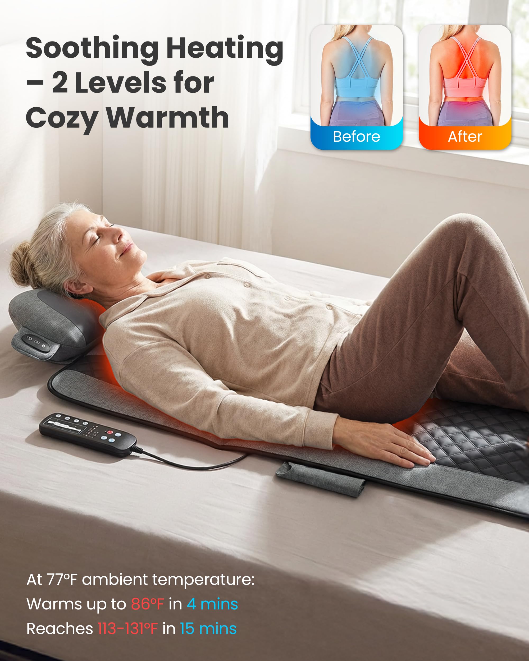 COMFIER Tappetino massaggiante per tutto il corpo con calore, cuscino massaggiante per la schiena con cuscino per il collo Shiatsu, 10 motori vibranti e 3 livelli di tappetino massaggiante riscaldante