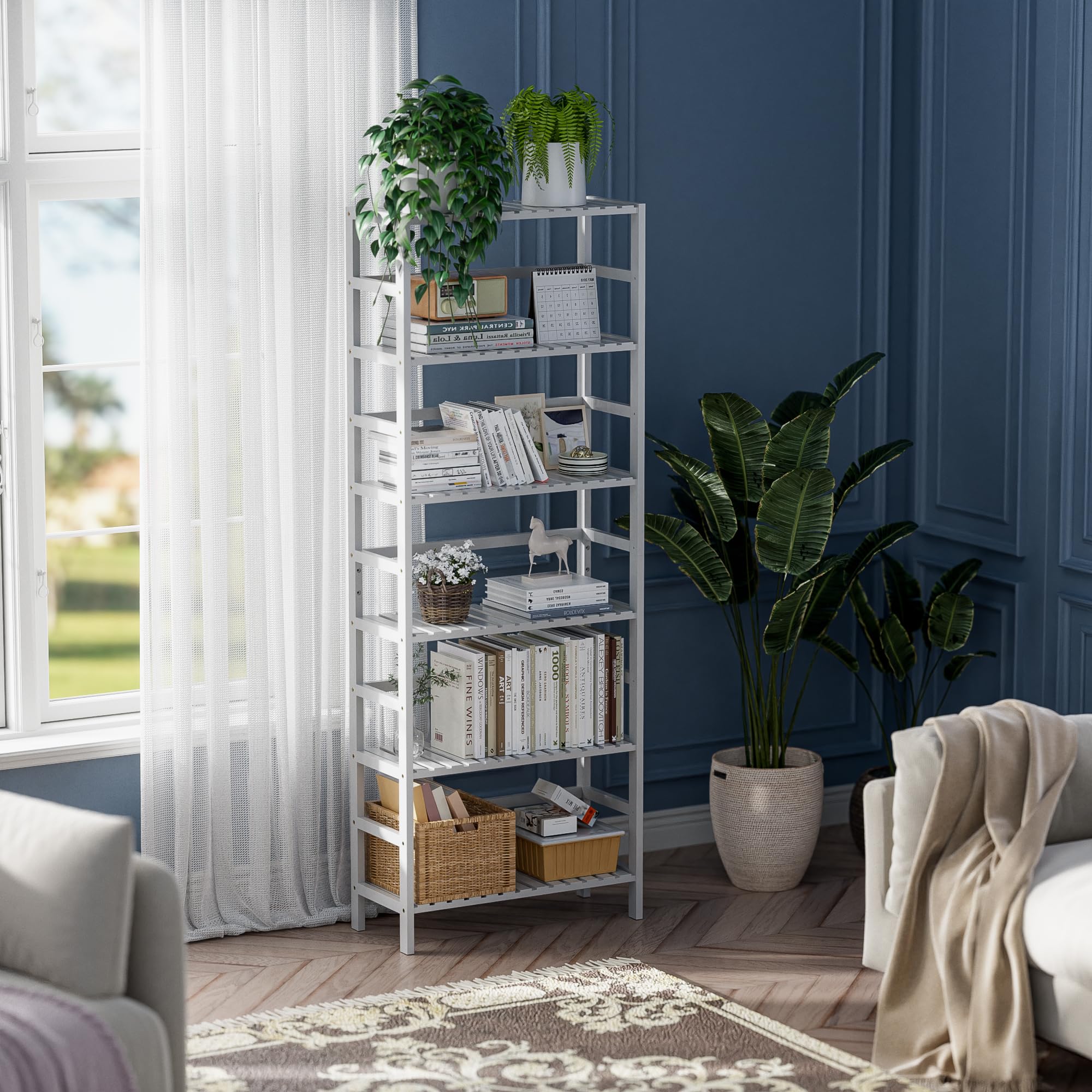 HITNET Scaffale a 6 Ripiani, libreria in bambù con ripiani regolabili, grande organizzatore indipendente per la cucina, espositore per piante, bianco