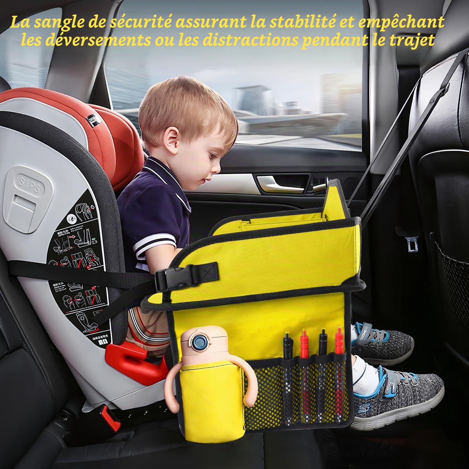 Plateau Voiture Enfant, Plateau de Voyage avec Planche à Dessin, Organisateur Voiture pour Siège Enfant avec Plusieurs Compartiments, Facile à nettoyer (Dinosaure)