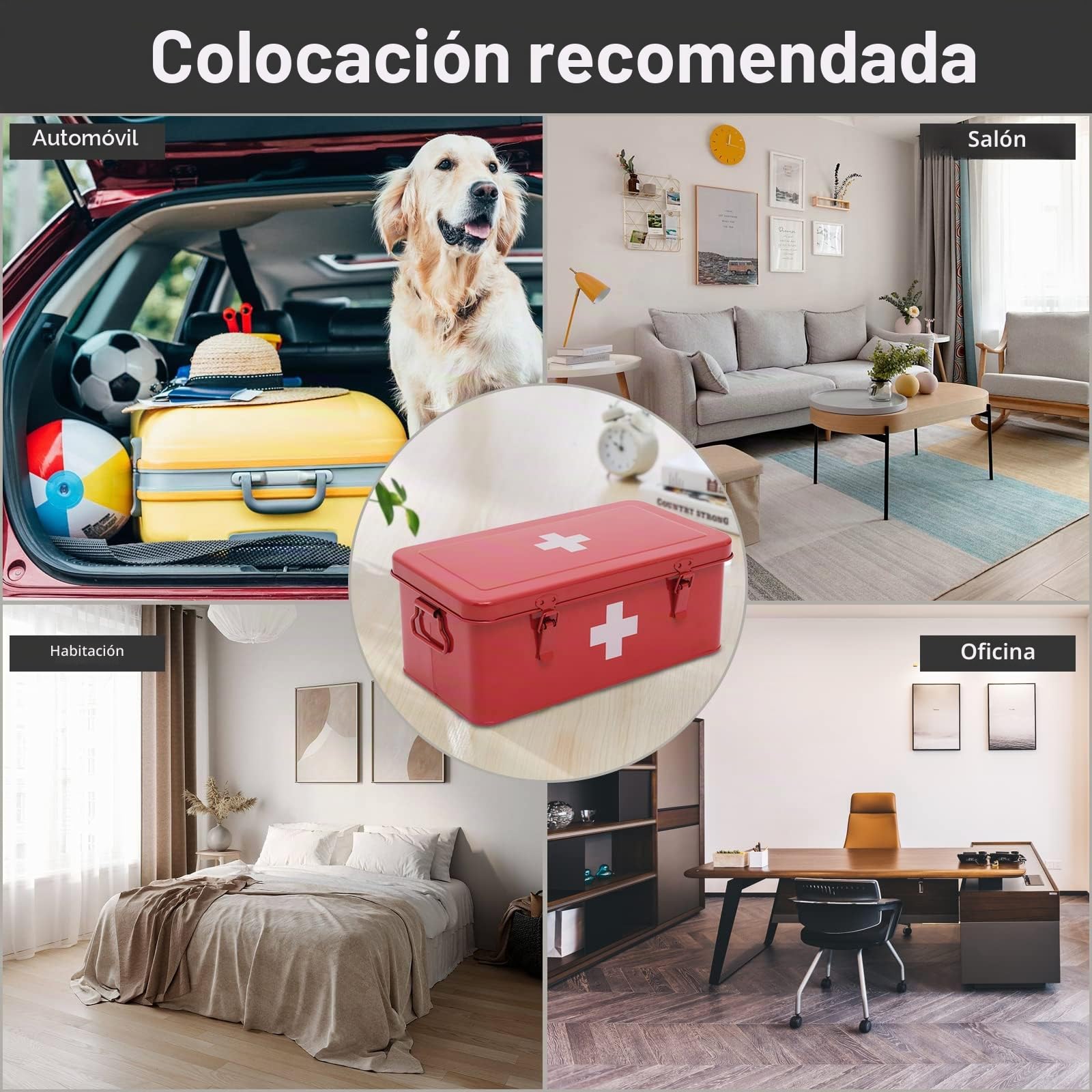 Caja de medicamentos de primeros auxilios, caja de suministros de botiquín de primeros auxilios, lata de almacenamiento de medicamentos de metal, juego de herramientas de emergencia,rojo