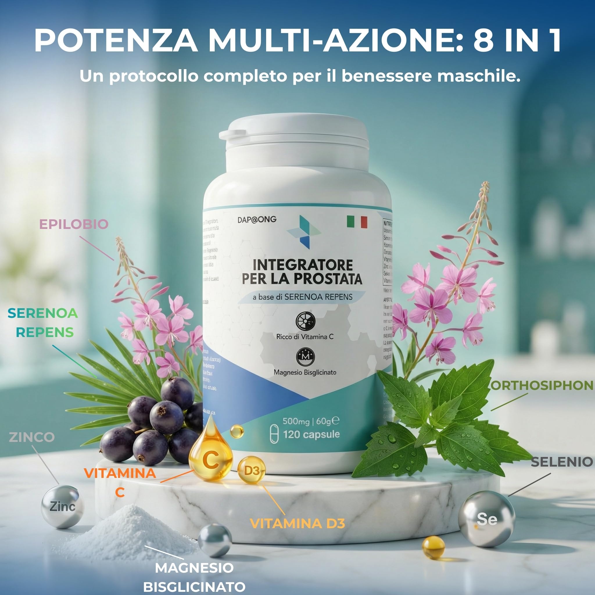 Integratore Prostata Uomo *a basse di SERENOA REPENS*(Saw Palmetto)* Epilobio* Orthosiphon* Zinco* Selenio* Magnesio Bisglicinato*Vitamina C e D3* 120 Capsule* Formula Potente con 8 Estratti Naturale