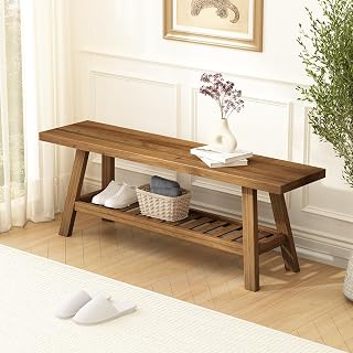 HOKYHOKY 43.3" Reclaimed Solid Wood Farmhouse Entryway Bench with Storage Shelf - Rustic Narrow Bench for Hallway, Kitchen, Bedroom