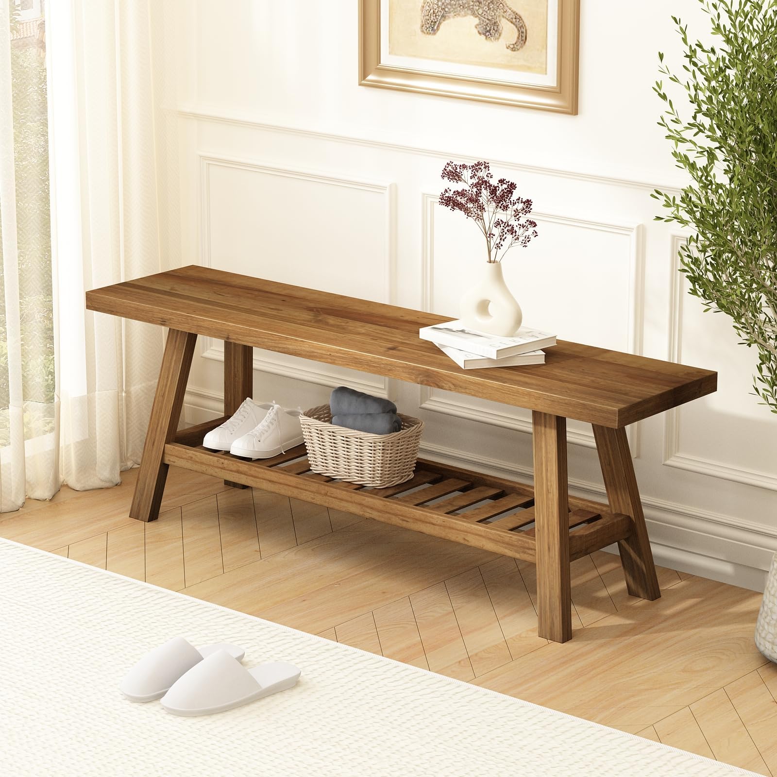 HOKYHOKY Solid Wood Bench-43.3" Farmhouse Entryway Bench with Storage Shelf, Narrow Rustic Bench for Hallway, Kitchen, Bedroom, Dining
