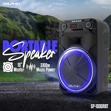 Dolphin BoxParty 1500: High Power 15 Woofer w/Loud & DEEP BASS | Portable Party Bluetooth Speaker with Sound Activated Lights