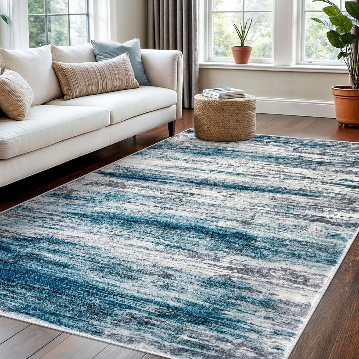 KOZYFLY 4x6 Area Rug Modern Ombre Rugs for Bedroom, Washable Rug Non-Slip Soft Striped Living Room Area Rug, Print Grey-Blue Abstract Carpet for Laundry Nursery
