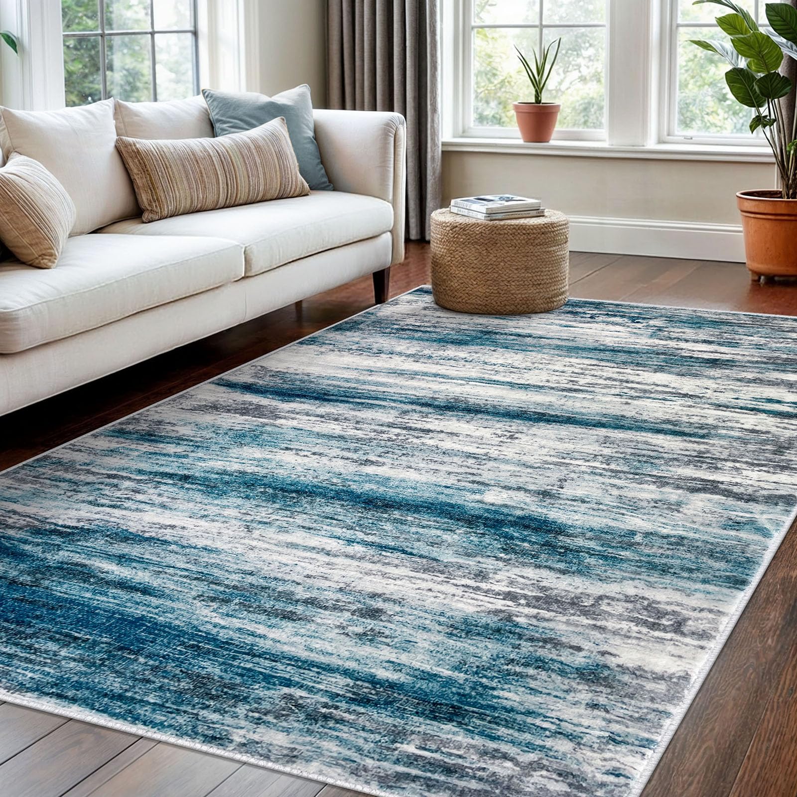 KOZYFLY 4x6 Area Rug Modern Abstract Washable Large Entryway Rug Non-Slip Soft Living Room Rugs, Print Blue Throw Rugs Indoor Mat for High-Traffic