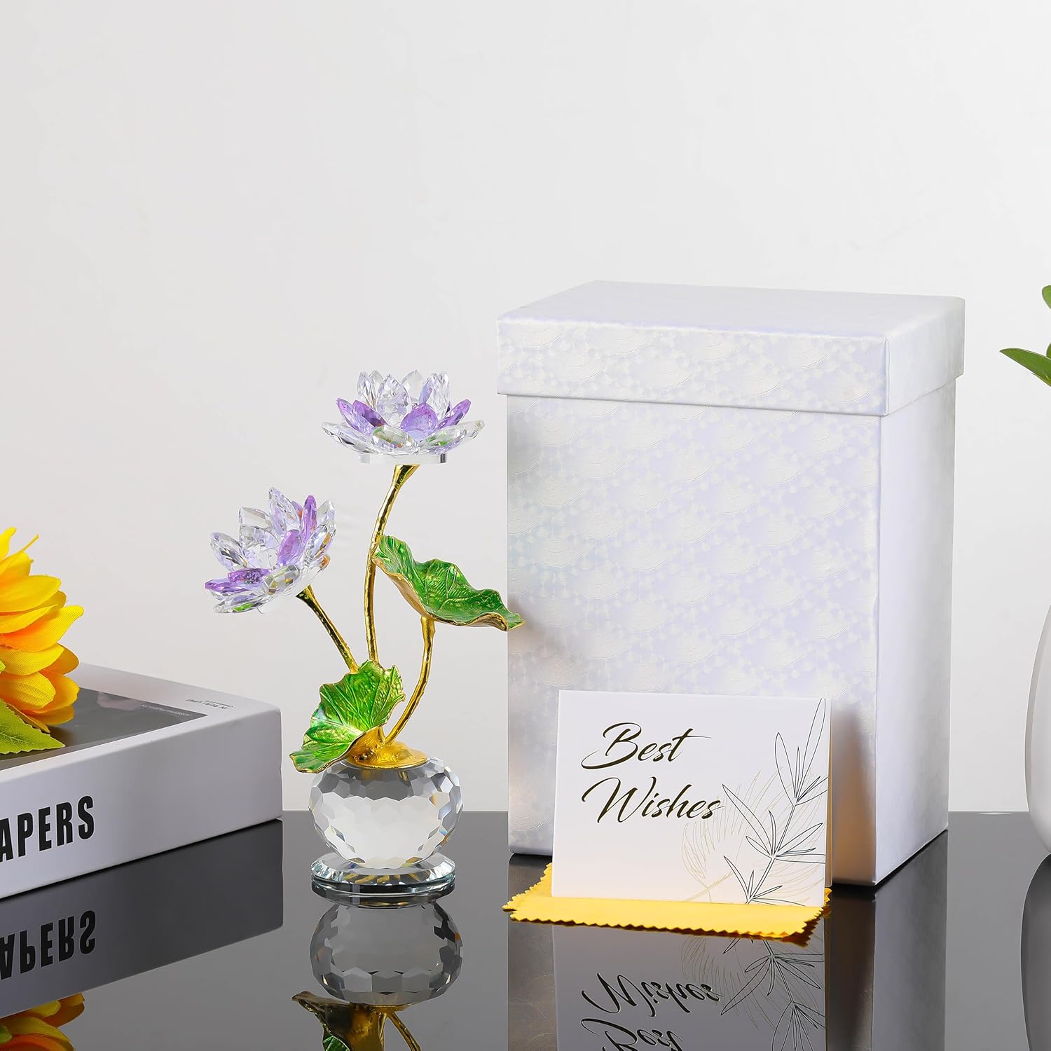 Qianwei Crystal Purple Lotus Flower with Stems - Glass Decor Lotus Flower with Vases Home Office Decoration - Crystal Gifts for Mom Girlfriend Sisters Boss on Birthday Mothers Day Valentines Day - Image 5