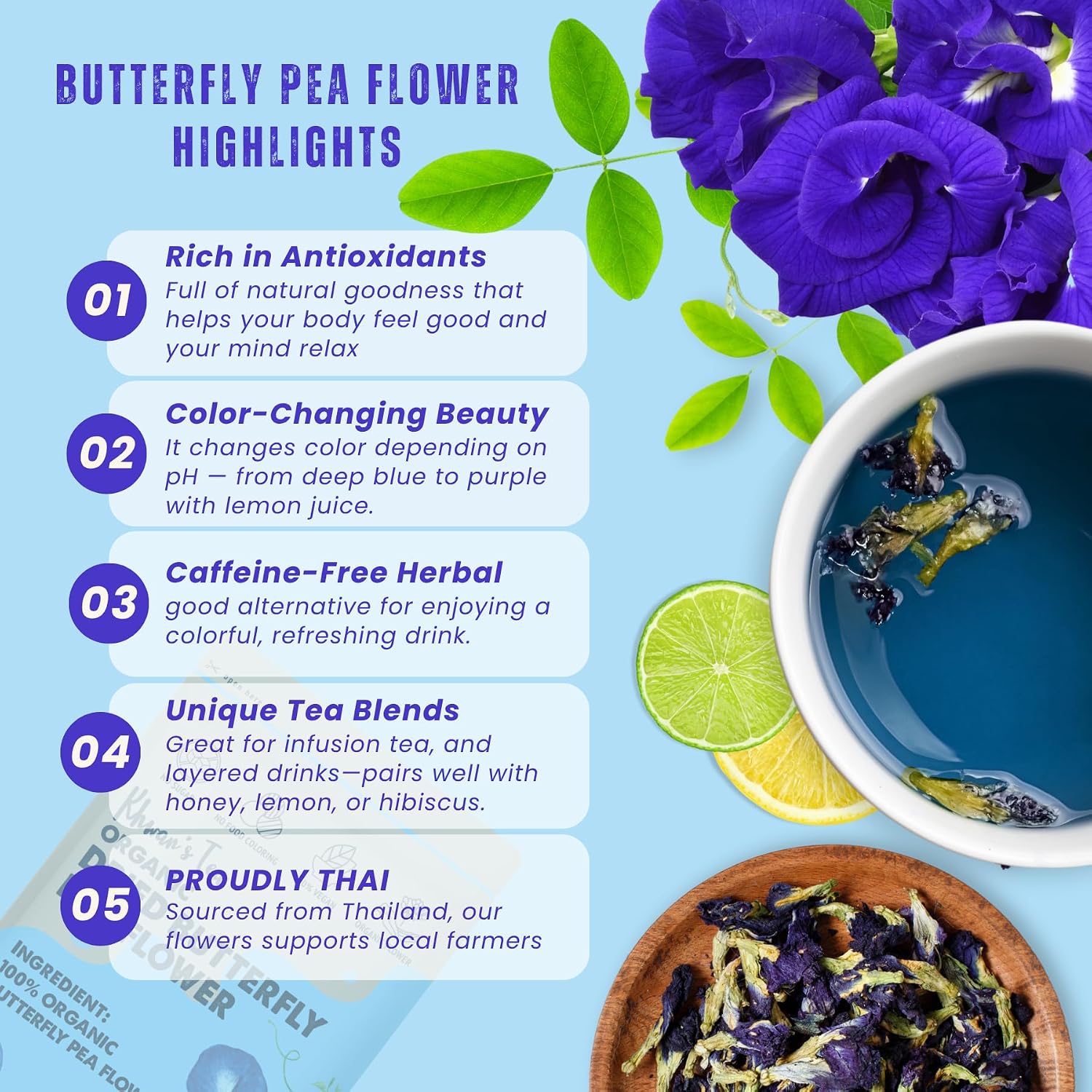 KHWAN'S TEA Organic Butterfly Pea Flower Tea, Loose Dried Flowers, 1.8 oz image 5