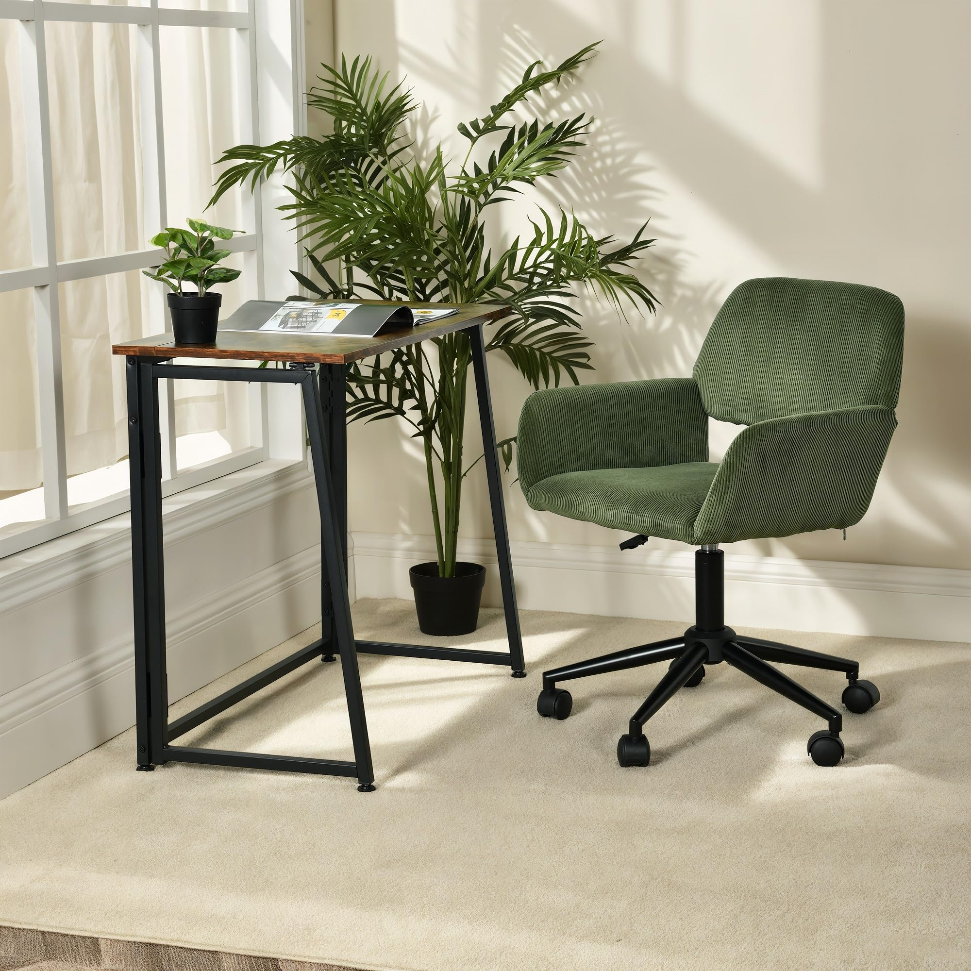 MEUBLE COSY Sedia da Ufficio Girevole Regolabile in Altezza Poltrona da Scrivania Toelette Seduta in Velluto a Coste con Ruote per Studio Camera da Letto, Verde