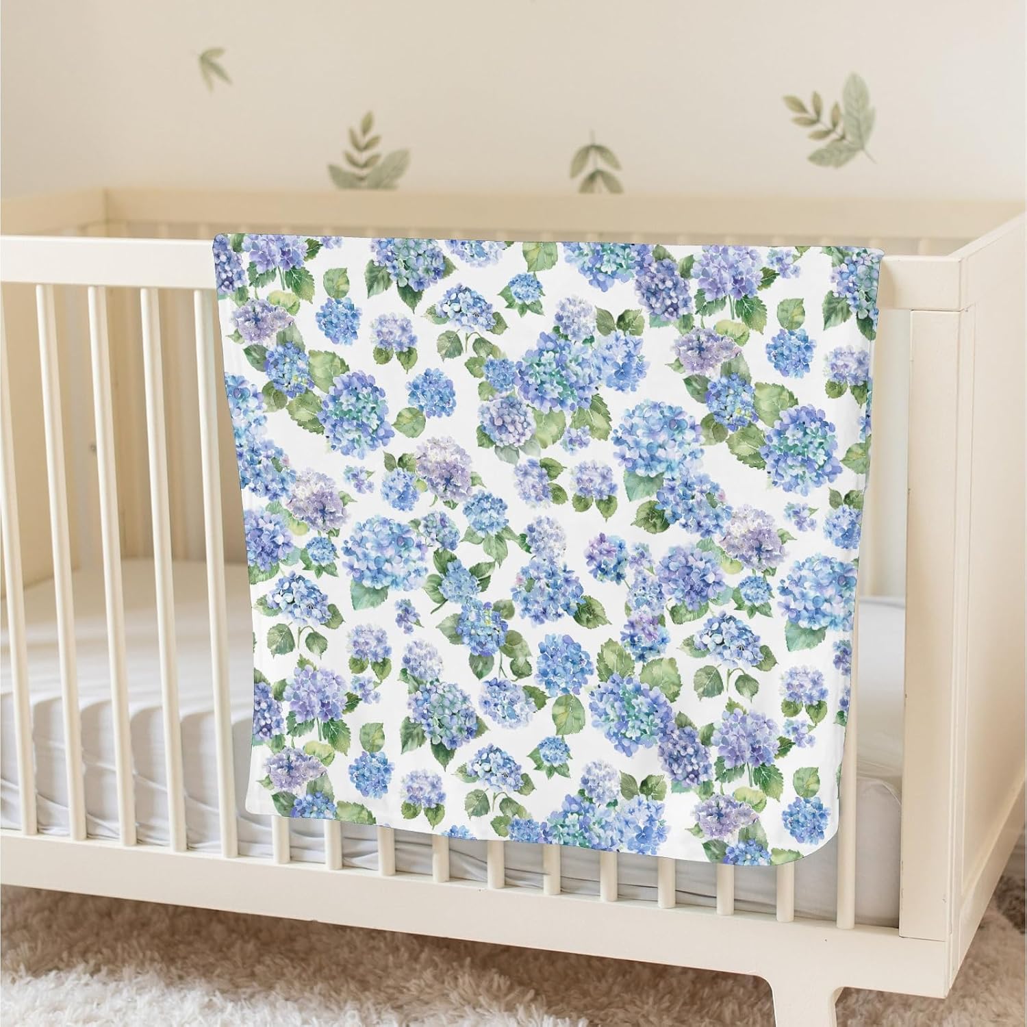 Blue Hydrangea Floral Baby Blanket for Girl Boy with Dotted Backing Double Layer Watercolor Flowers Painting Soft Swaddle Receiving Blanket Wild Floral Newborn Toddler Nursery Bed Throw 30x40