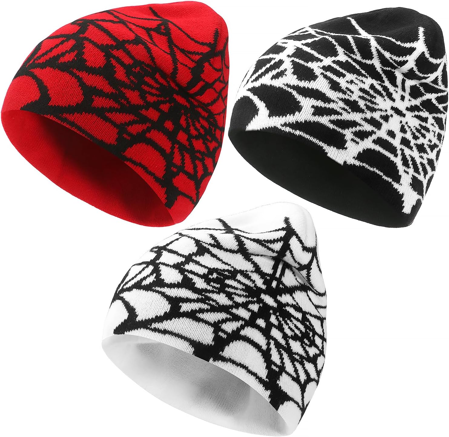 3 Pcs Y2k Beanies Spider Web Pattern Beanie Gothic Acrylic Knitted Hat Casual Streetwear Outdoor for Men Women· Multi