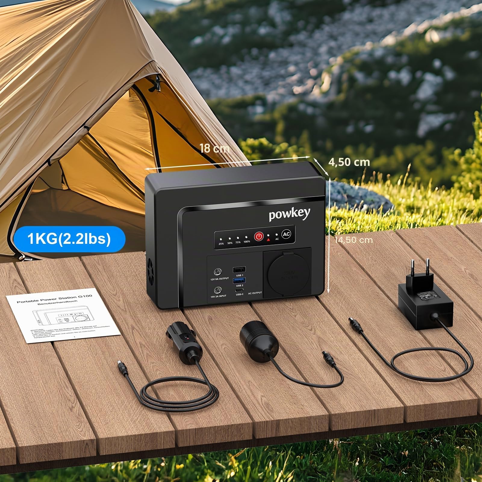 Powkey Estación de energía portátil 26400 mAh /230 V AC 100 W /65 W USB-C Camping | 97.68Wh Powerbank Enchufe 12V 8A DC Batería Externa para Tablet & Teléfono Móvil