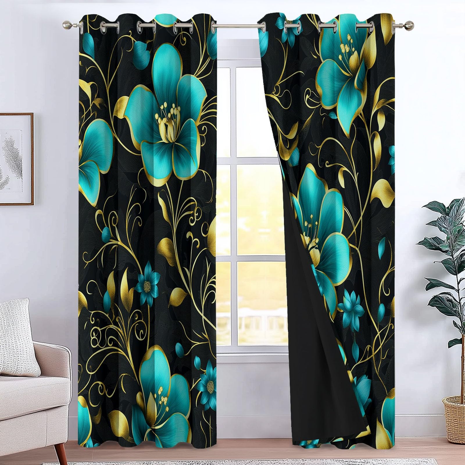 Tende Oscuranti per Interni 2 Pezzi 70x160 cm (LxA), Lusso Foglie Dorate Fiori Turchesi Tenda Coprente per Soggiorno, Termiche Isolanti Nero Tendaggi per Interno Finestra per Salotto Cucina