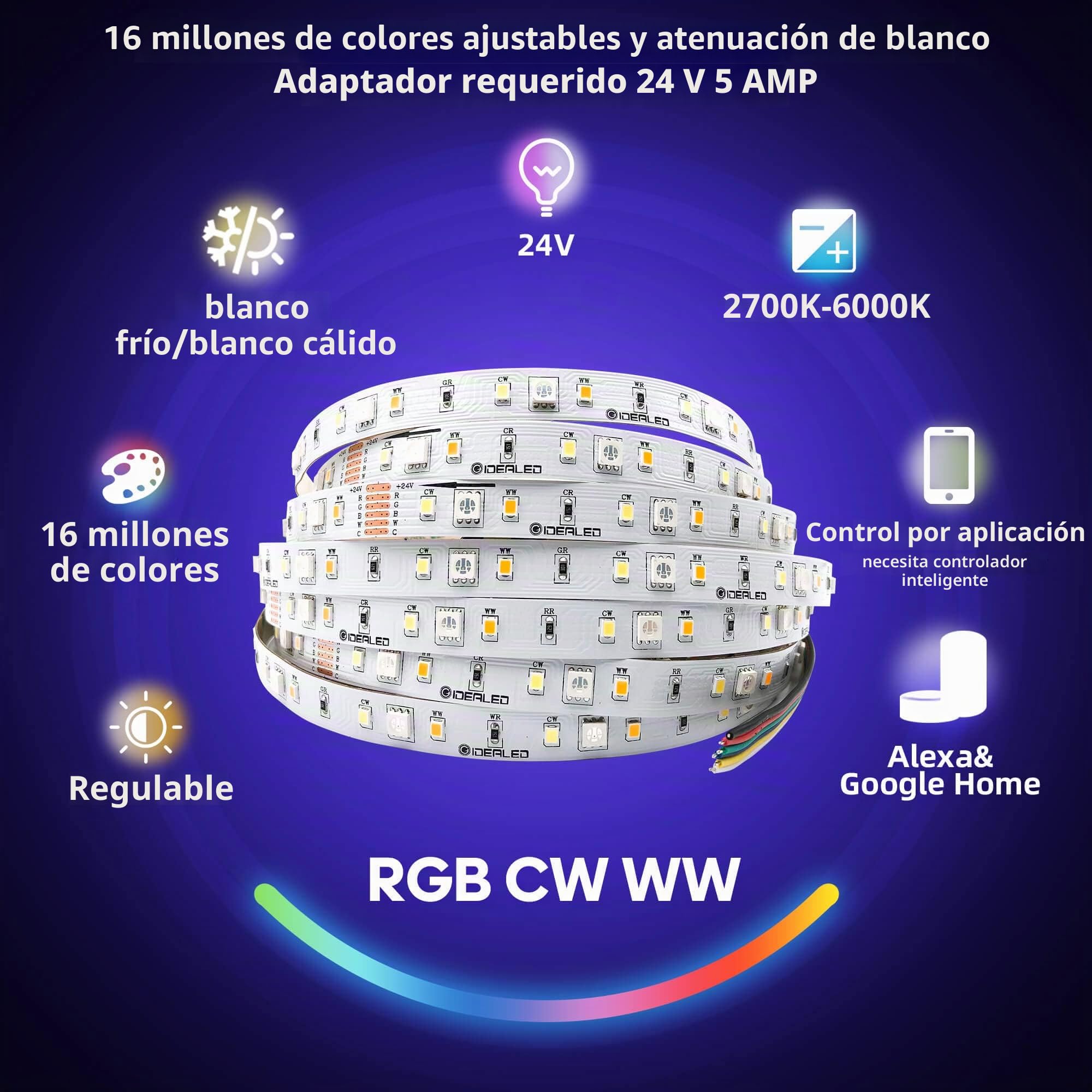 GIDEALED Tira de luces LED RGBWW 24V,10m/rollo,Regulable RGB blanco frío,blanco cálido(2300K-6000K)SMD5050 6 alambres a todo color Luz de día RGBCCT Light Strip Plus,solo no impermeable RGBWW Strips