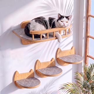 Cat Wall Shelves, Modern Cat Wall Furniture for Indoor Cats | Sturdy & Safe Wooden Wall-Mounted Set, Non-slip Pad, Space-Saving, Pre-Drilled, Cat Climbing Wall Systems