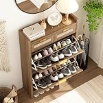 Shoe Organizer Cabinet Storage for Entryway - Slim Rattan Shoe Rack for Front Door Entrance, Narrow Hidden Shoe Cabinet with Flip Drawers, Boho Shoe Holder Cabinet,Two Doors, Oak