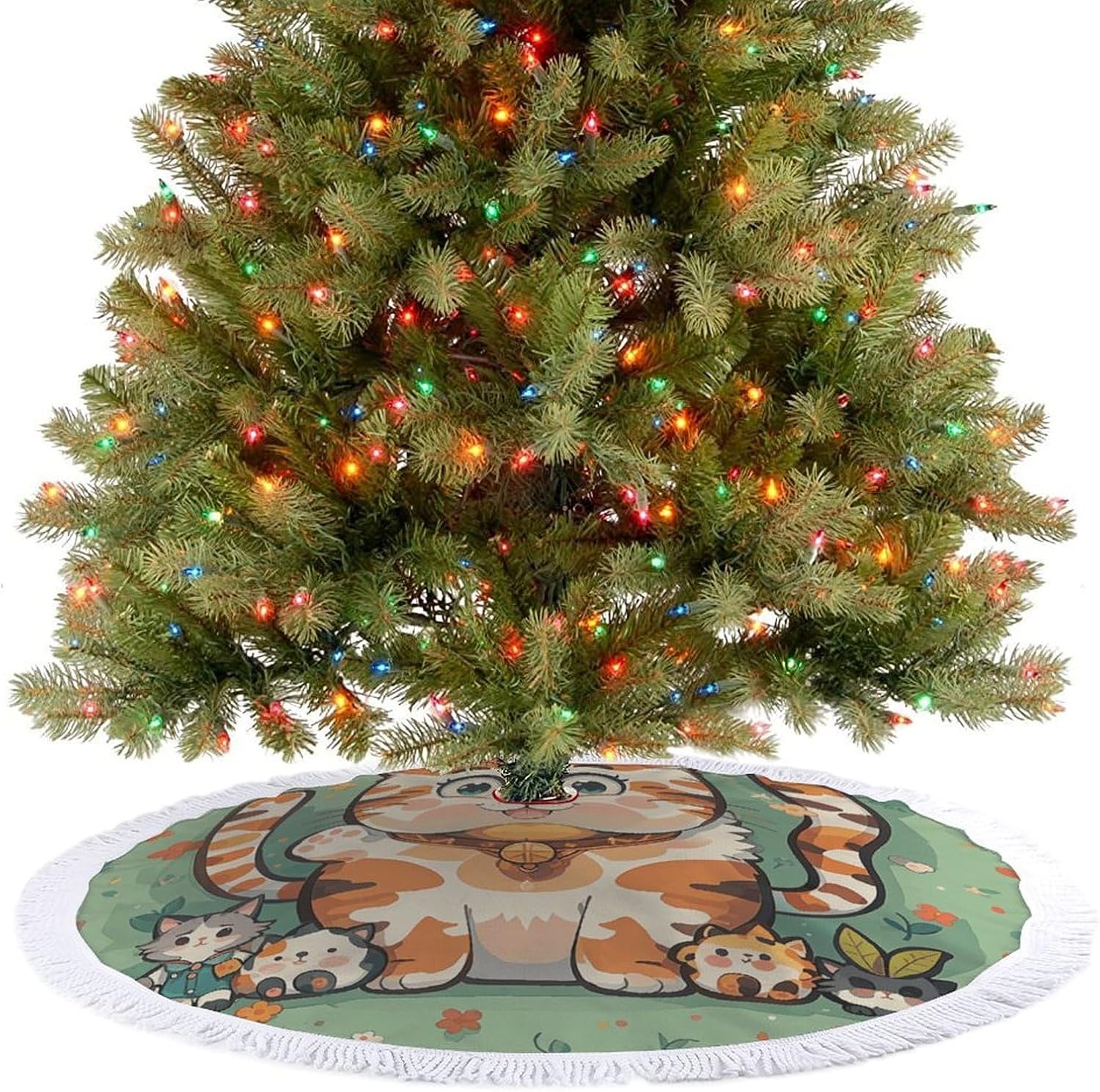 Christmas Tree Skirt Xmas Tree Skirt Decor Mats Many Cartoon Cat Printed Christmas Decorations for Xmas Holiday Indoor Party Outdoor Decorations with Tassels