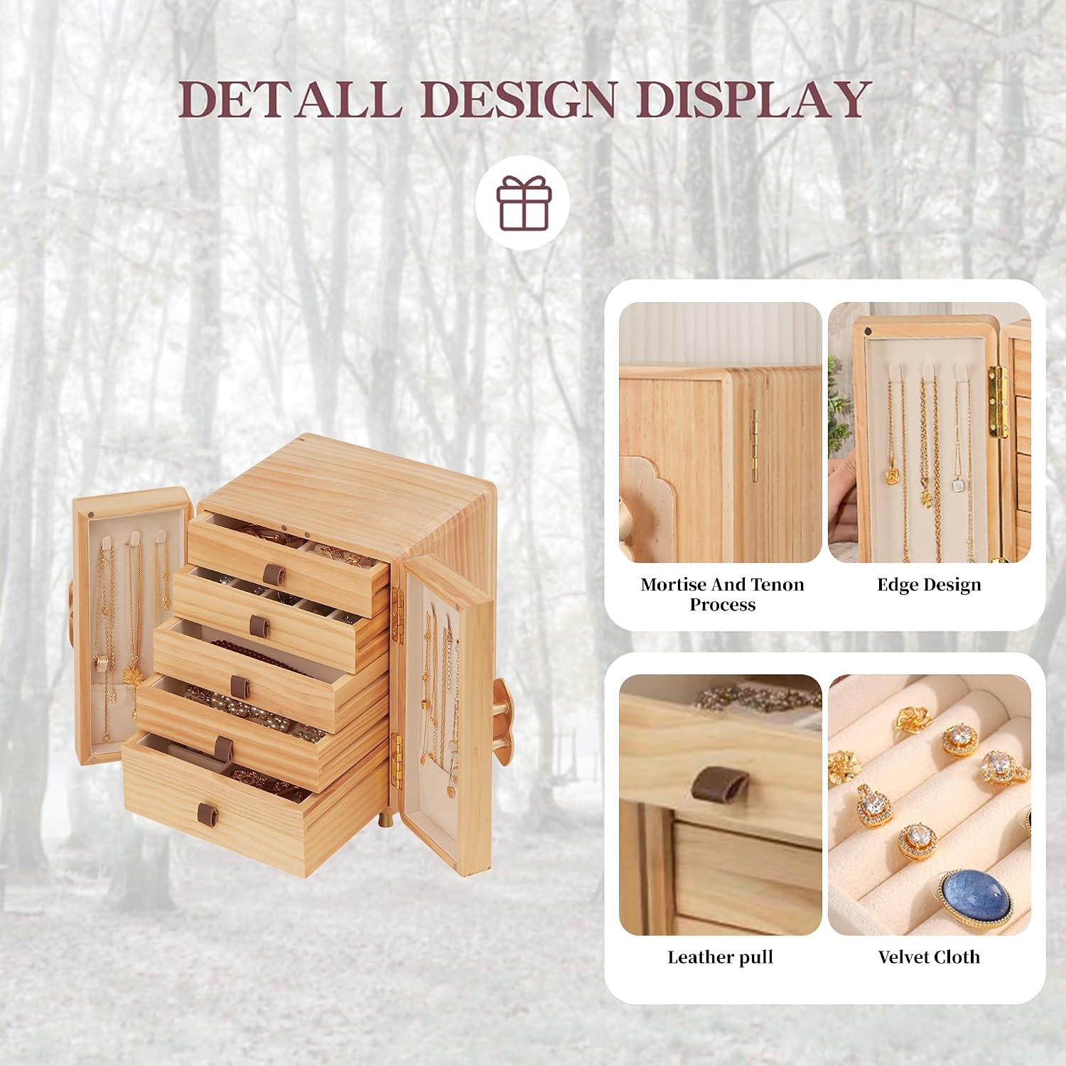Jewelry Box for Women Girls, Wooden Jewelry Box Organizer Functional With Drawers, 5 Layers Jewelry Organizer for Earring, Ring, Necklace, Bracelets