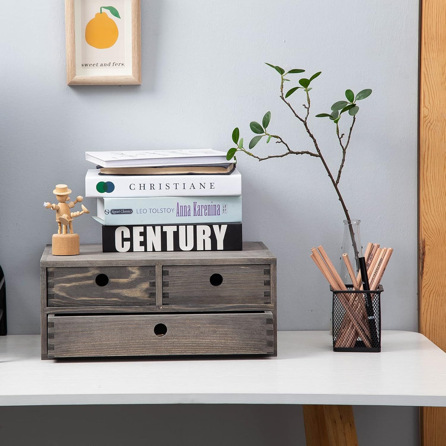 Rustic Stone Gray Wood Desk Storage Cabinet with Drawers Round Cutout Handles Countertop Wooden Organizer Table Top Stand Box Holder Jewelry Keepsake Caddy Mini Dresser Home Office Farmhouse