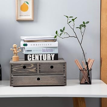 Rustic Stone Gray Wood Desk Storage Cabinet with Drawers Round Cutout Handles Countertop Wooden Organizer Table Top Stand Box Holder Jewelry Keepsake Caddy Mini Dresser Home Office Farmhouse