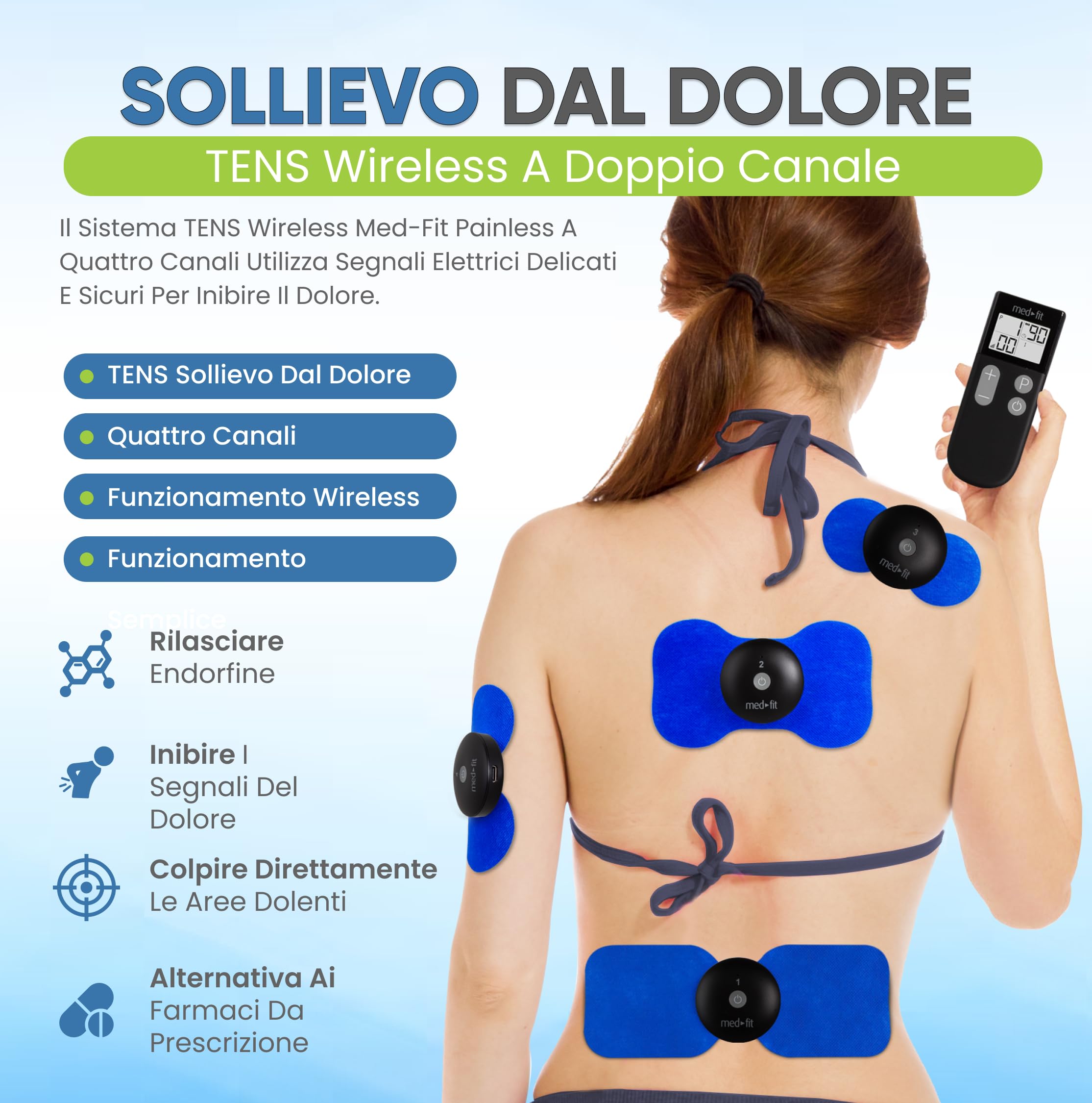 Med-Fit Macchina TENS wireless a 4 canali per alleviare il dolore, rilassamento muscolare e gestione del dolore, tratta fino a 4 aree contemporaneamente per un trattamento completo del corpo, forza