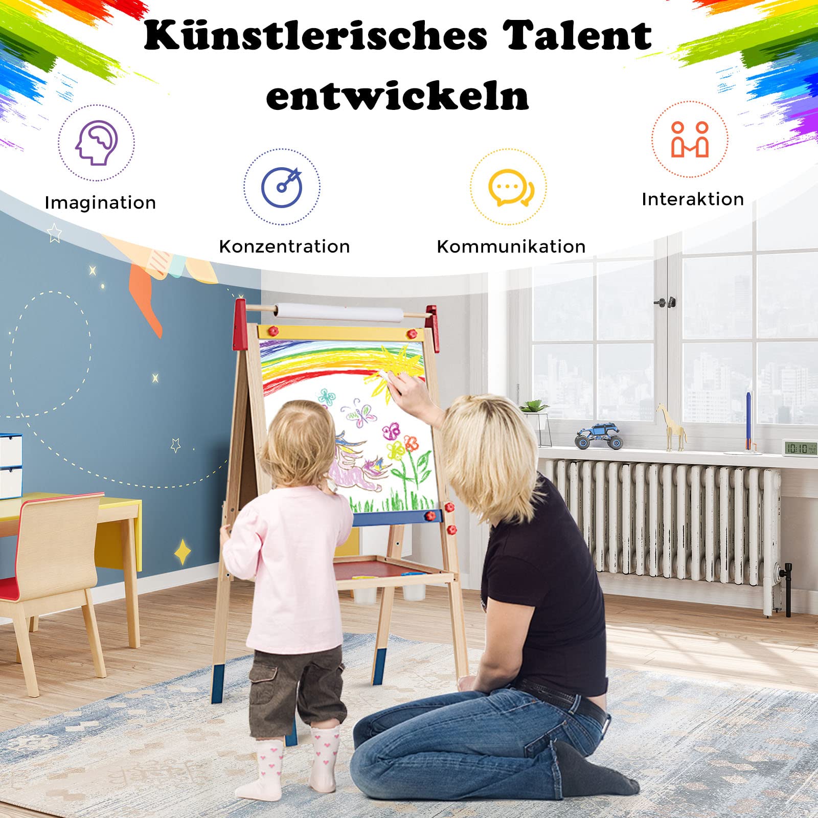 DREAMADE 3 in 1 Kinder-Staffelei aus Holz, Doppelseitige Standtafel mit Kreidetafel & magnetischem Whiteboard, Höhenverstellbare Kindertafel mit Papierrolle & viel Zubehör, für Kinder Malen