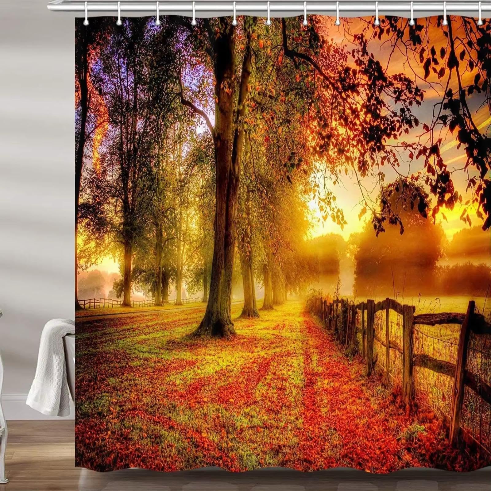 Rideau de douche haut 123x220cm en polyester aux finitions feuilles dorées de prestige